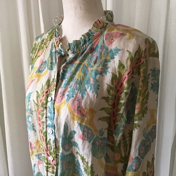 Spartina 449 Tops - Women’s Spartina 449 Jori Linen Shirt Sugar Mill Damask Ruffle Collar Small